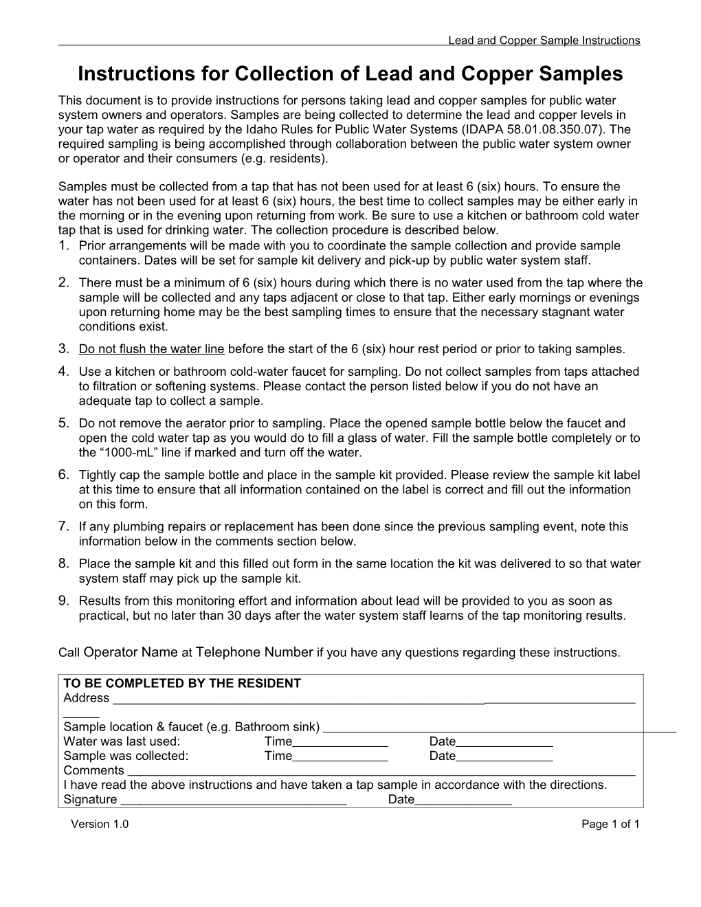 Instructions for Collection Oflead and Copper Samples