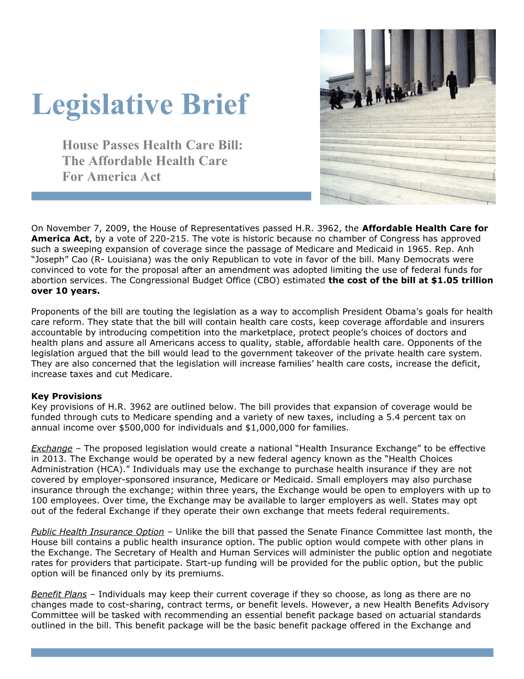 Legis Brief Affordable Health Care for America Act (00015710)
