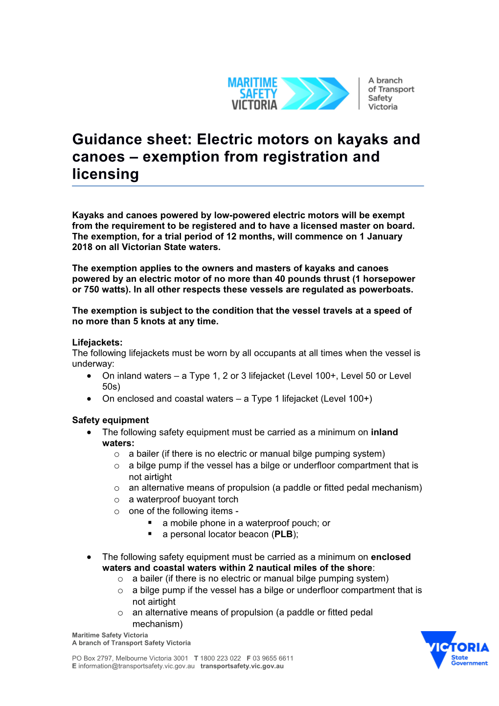 Guidance Sheet: Electric Motors on Kayaks and Canoes Exemption from Registration and Licensing