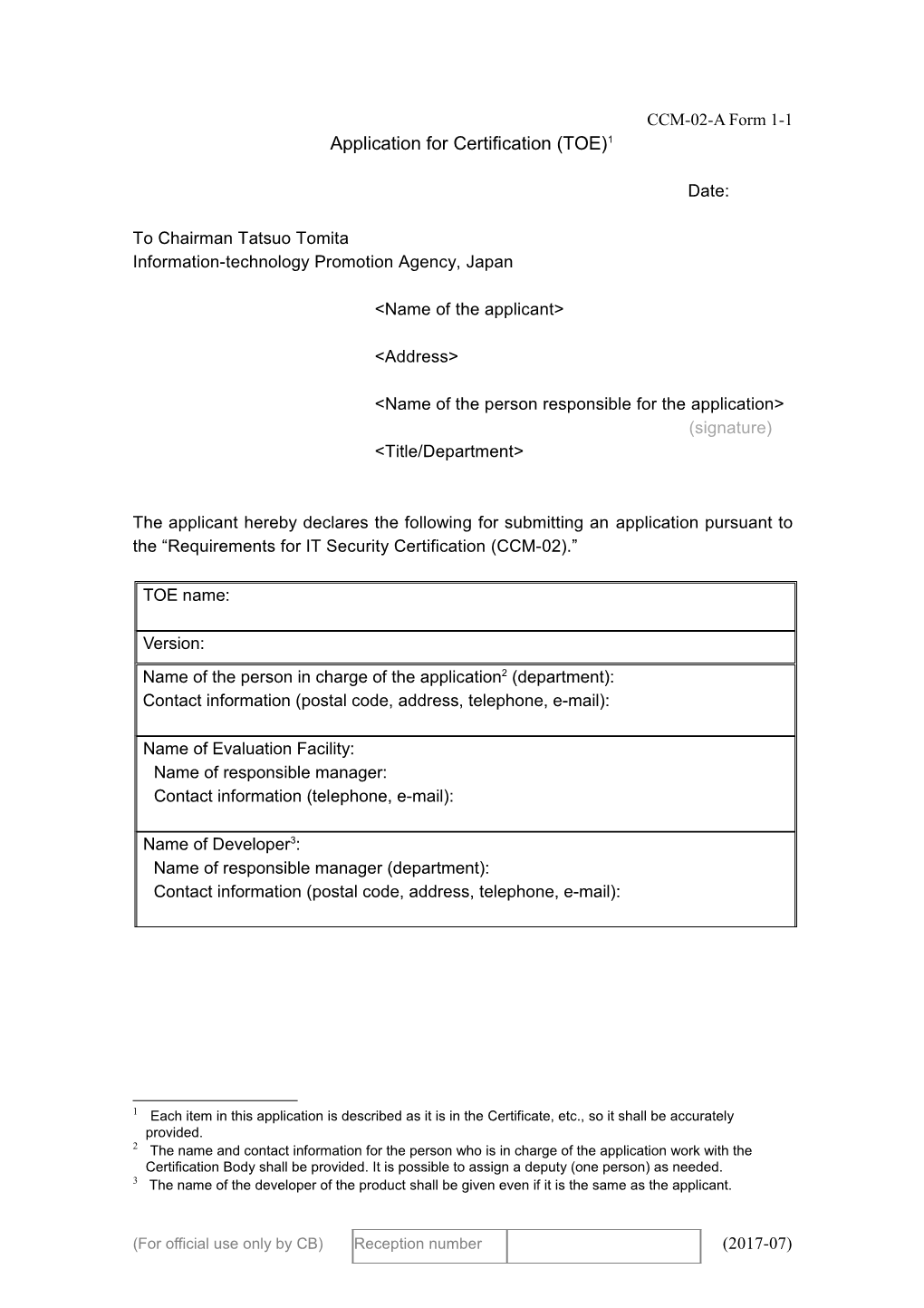 Application for Certification (TOE) 1