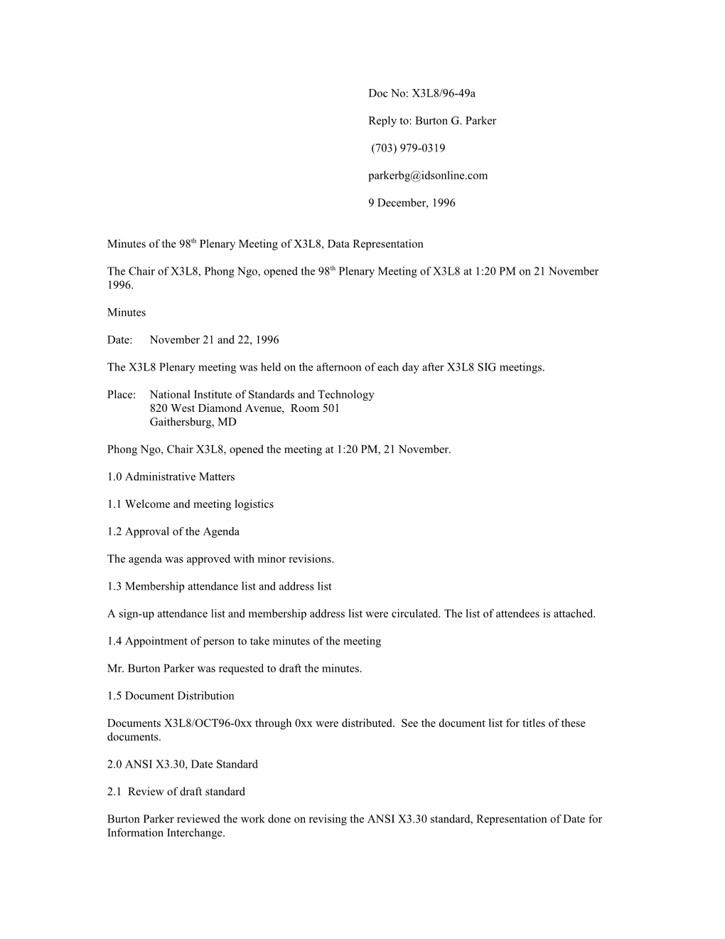 Minutes of the 98Th Plenary Meeting of X3L8, Data Representation