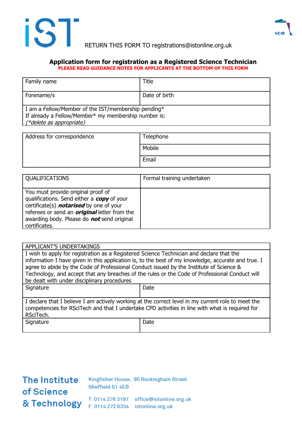 Application Form for Registration As a Registered Science Technician