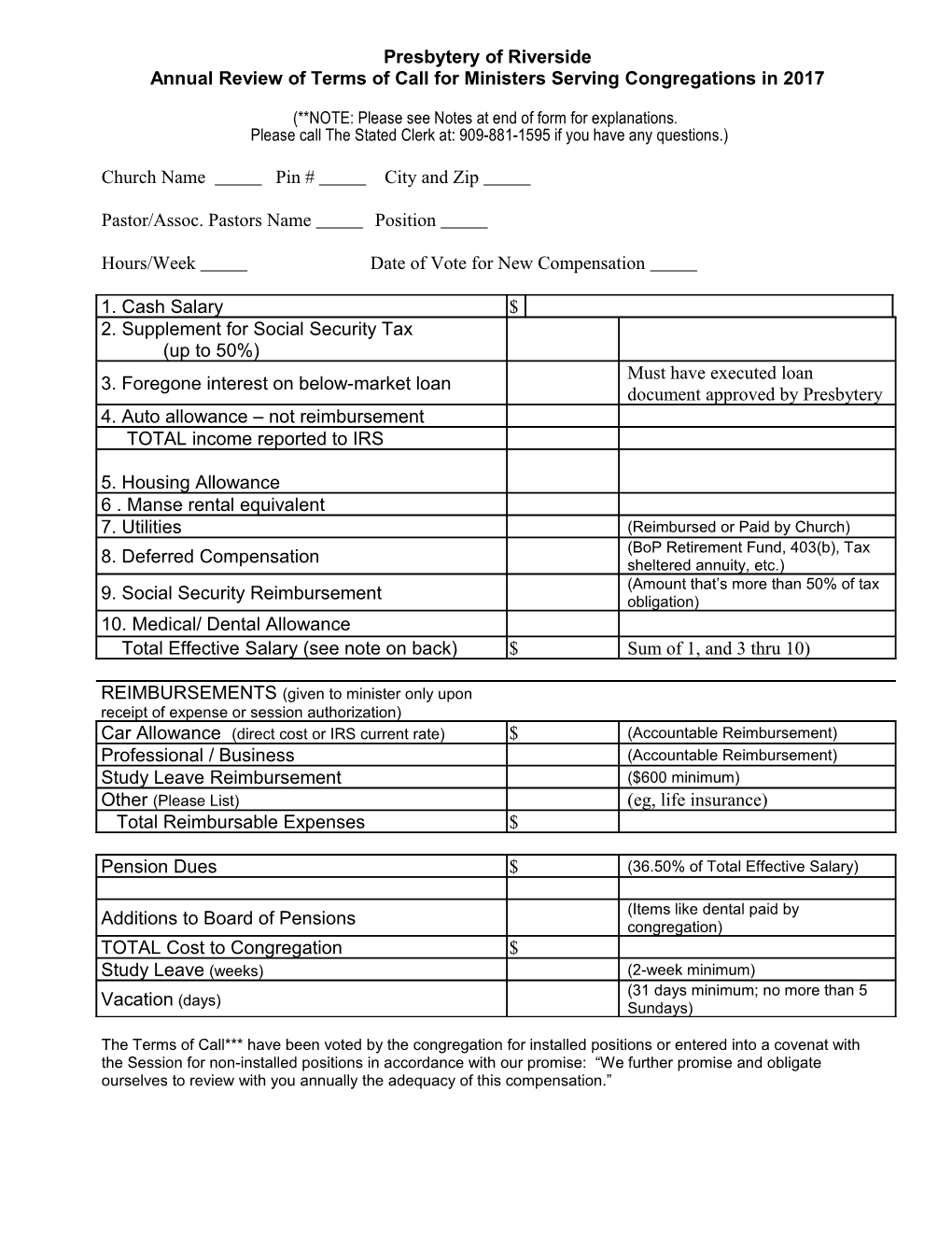 Annual Review of Terms of Call for Ministers Serving Congregations in 2017