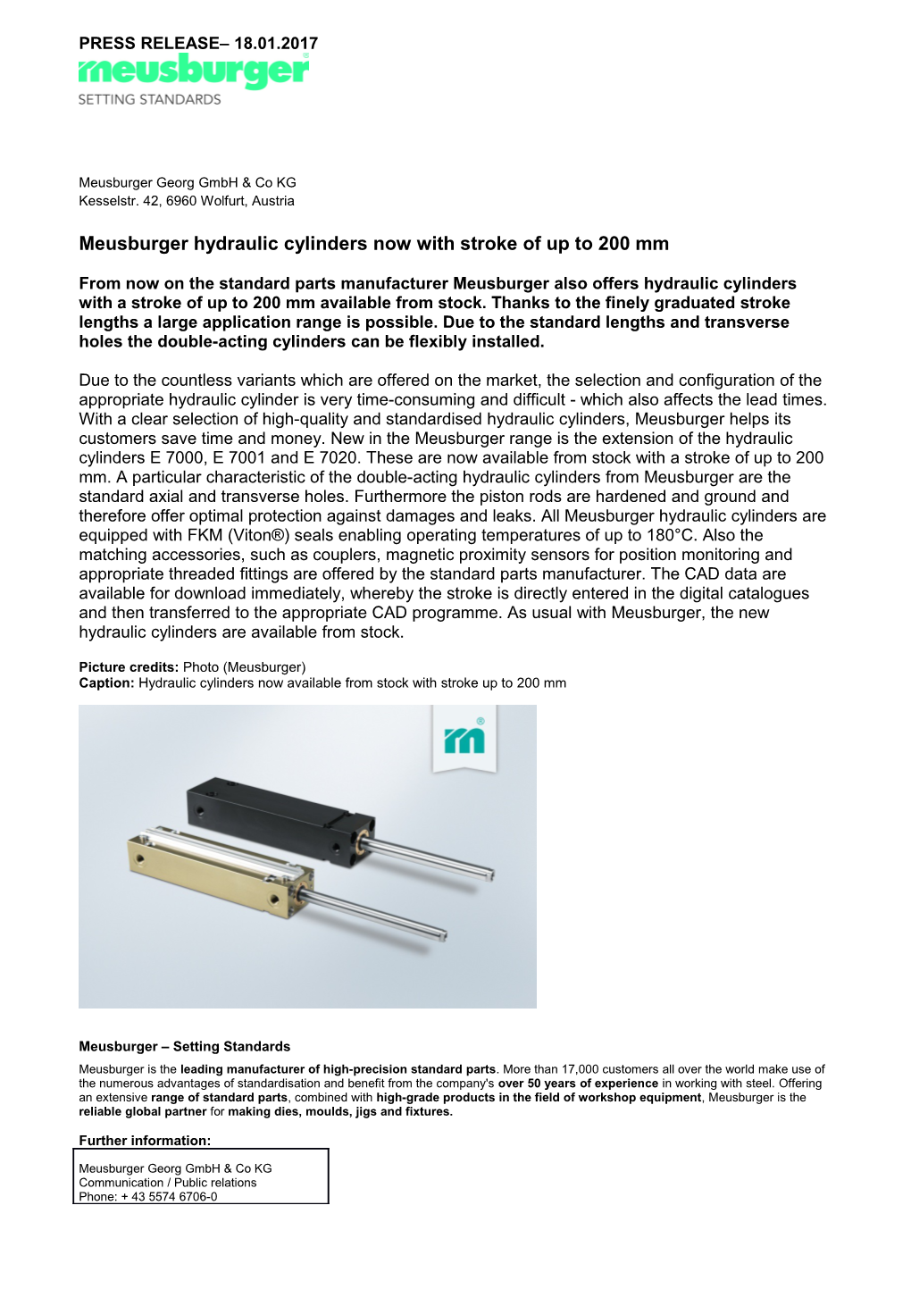 Meusburger Hydraulic Cylinders Now with Stroke of up to 200 Mm