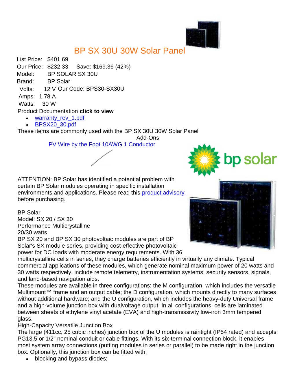 BP SX 30U 30W Solar Panel