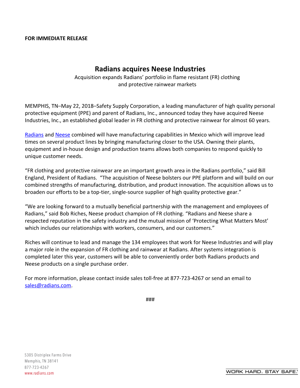 Radians Acquires Neese Industries