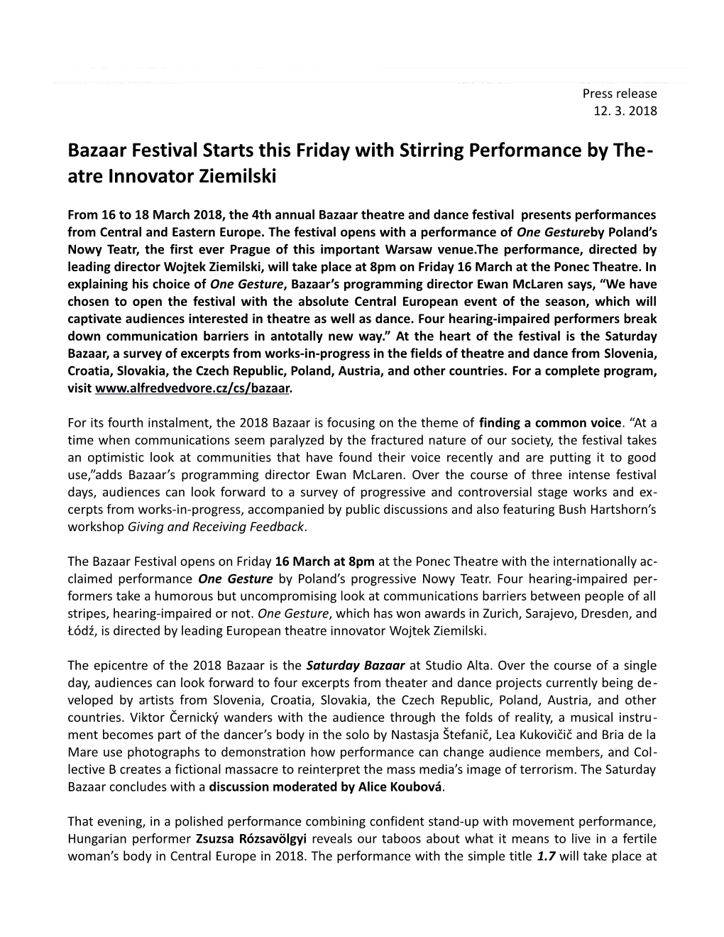 Bazaar Festival Starts This Friday with Stirring Performance by Theatre Innovatorziemilski