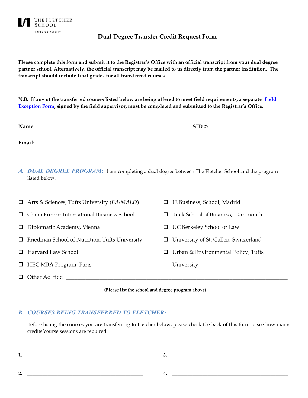 Dual Degree Transfer Credit Request Form