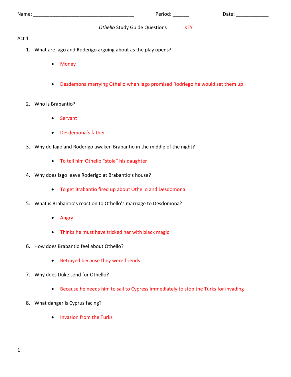 Othello Study Guide Questionskey
