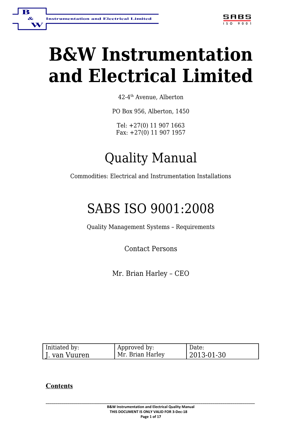 B&W Instrumentation and Electrical Limited