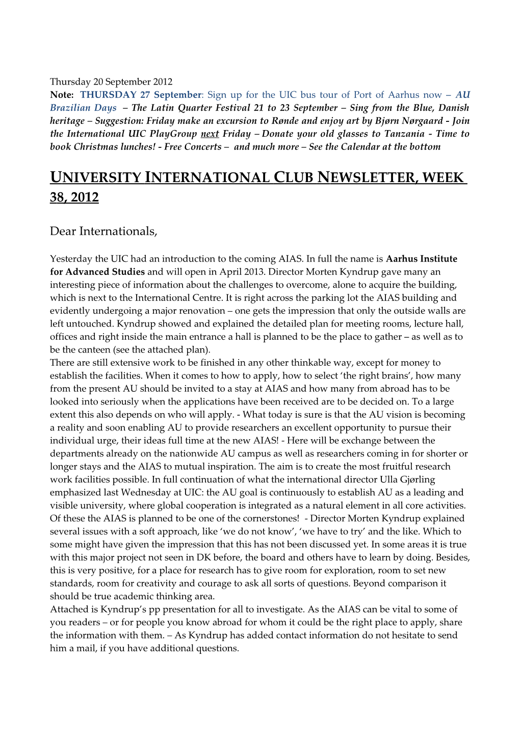 University International Club Newsletter, Week 38, 2012