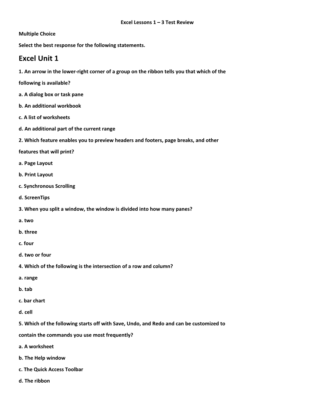 Excel Lessons 1 3 Test Review