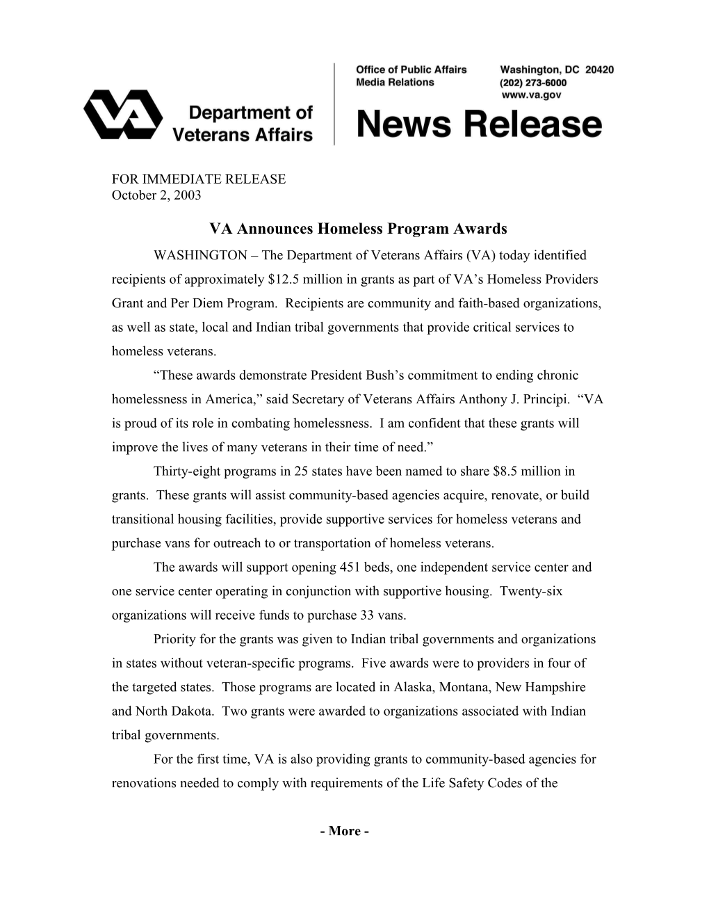 VA Announces Homeless Program Awards