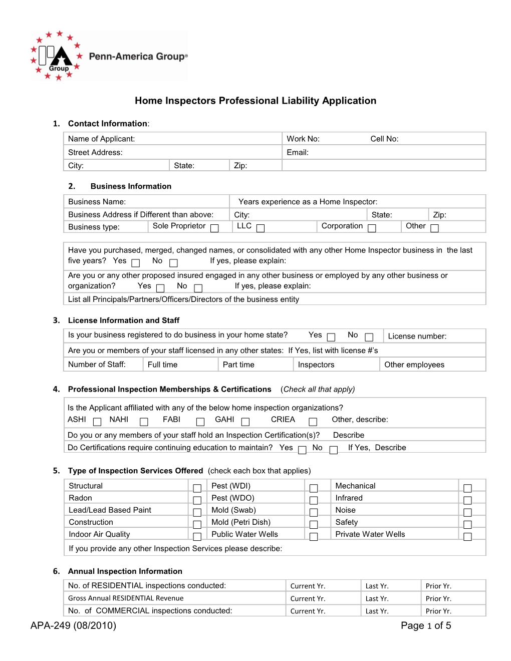 Home Inspector Professional Liability Application