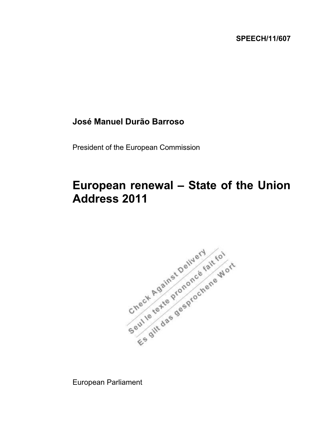 European Renewal State of the Union Address 2011
