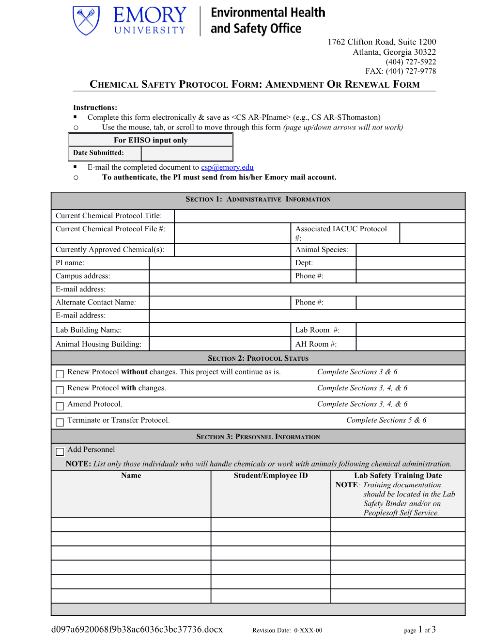 Chemical Safety Protocol Renewal Form