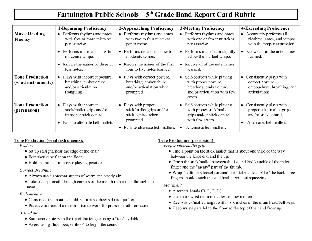 Farmington Public Schools 5Th Grade Band Report Card Rubric