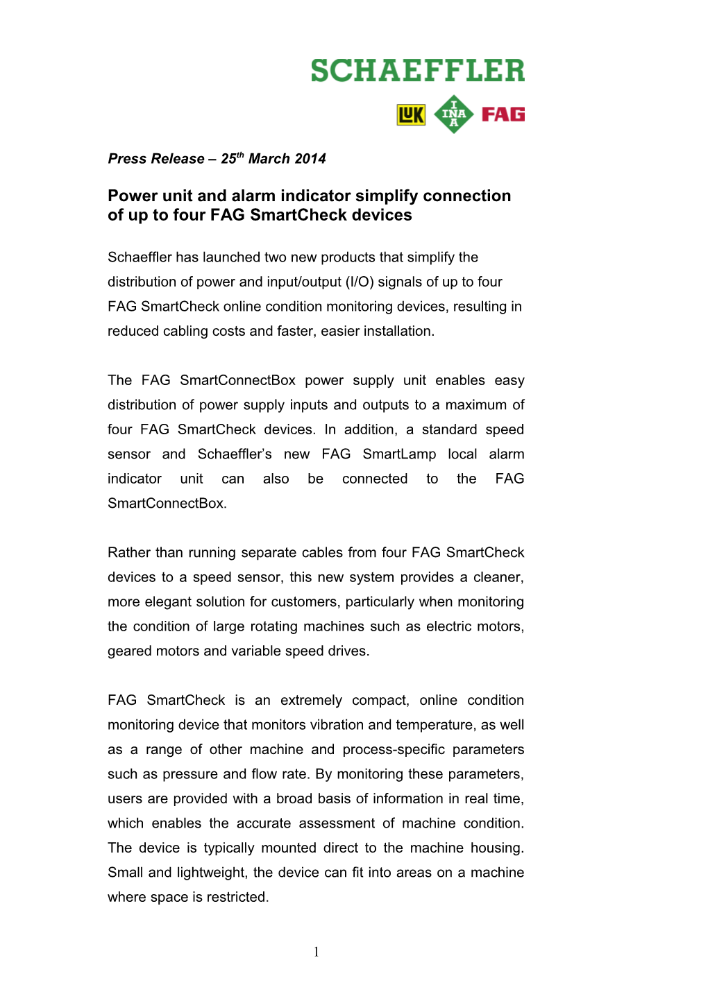 Power Unit and Alarm Indicator Simplify Connection of up to Four FAG Smartcheck Devices