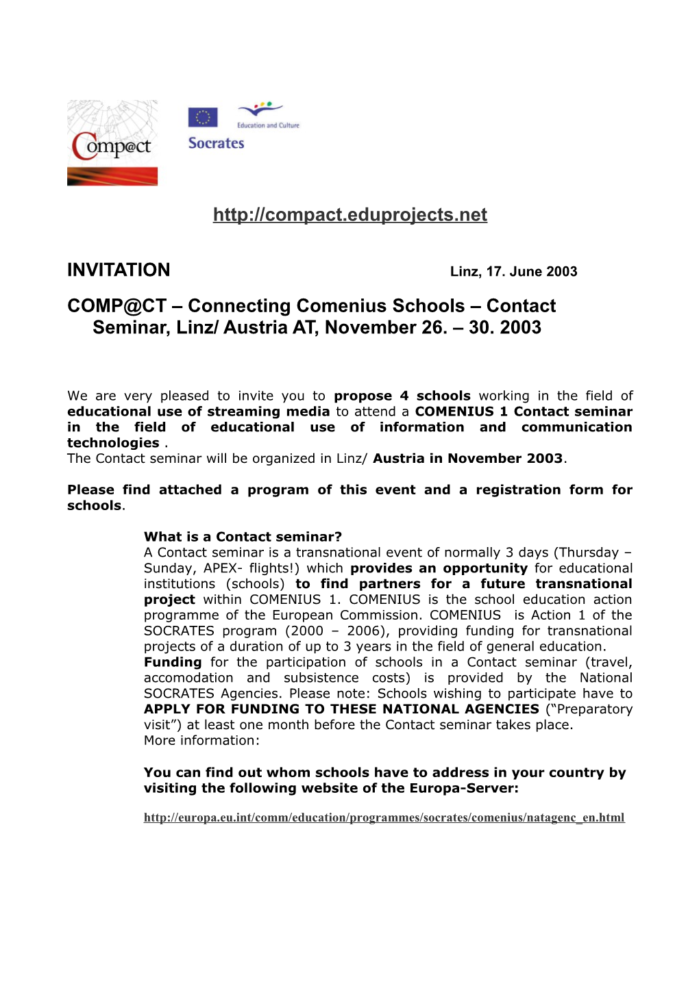 Preliminary Programme of Contact Seminar and Thematic Conference