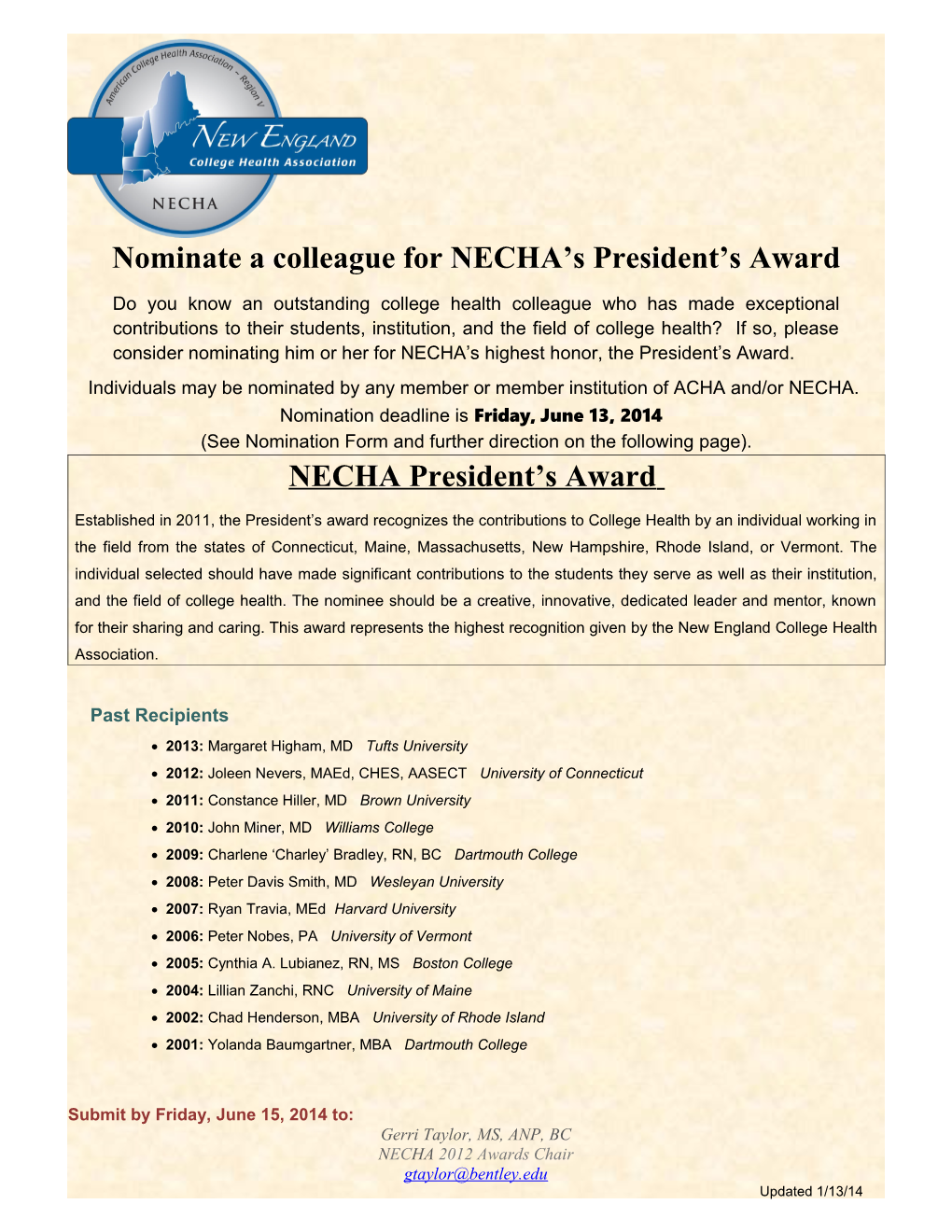Nominate a Colleague for NECHA S President S Award