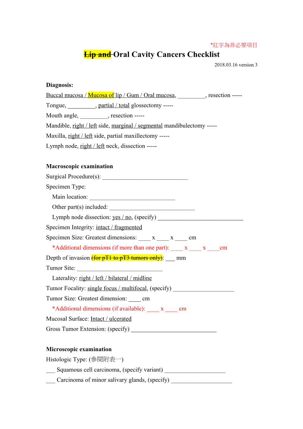 Surgical Pathology Check Lists for Oral Cavity Cancer