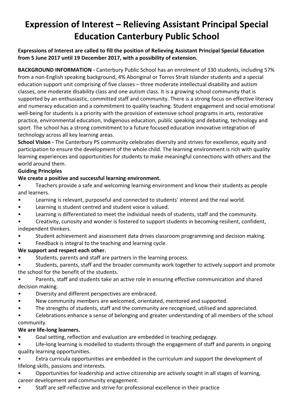 Expression of Interest Relieving Assistant Principal Special Education Canterbury Public
