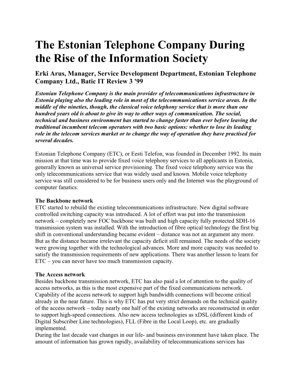 Estonian Telephone Company at the Rise of Information Society