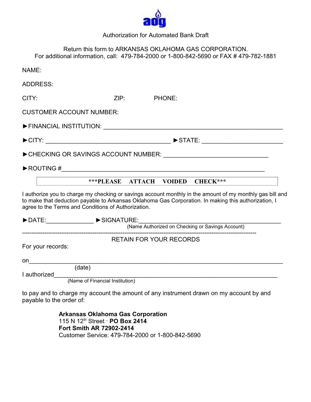 Return This Form to ARKANSAS OKLAHOMA GAS CORPORATION