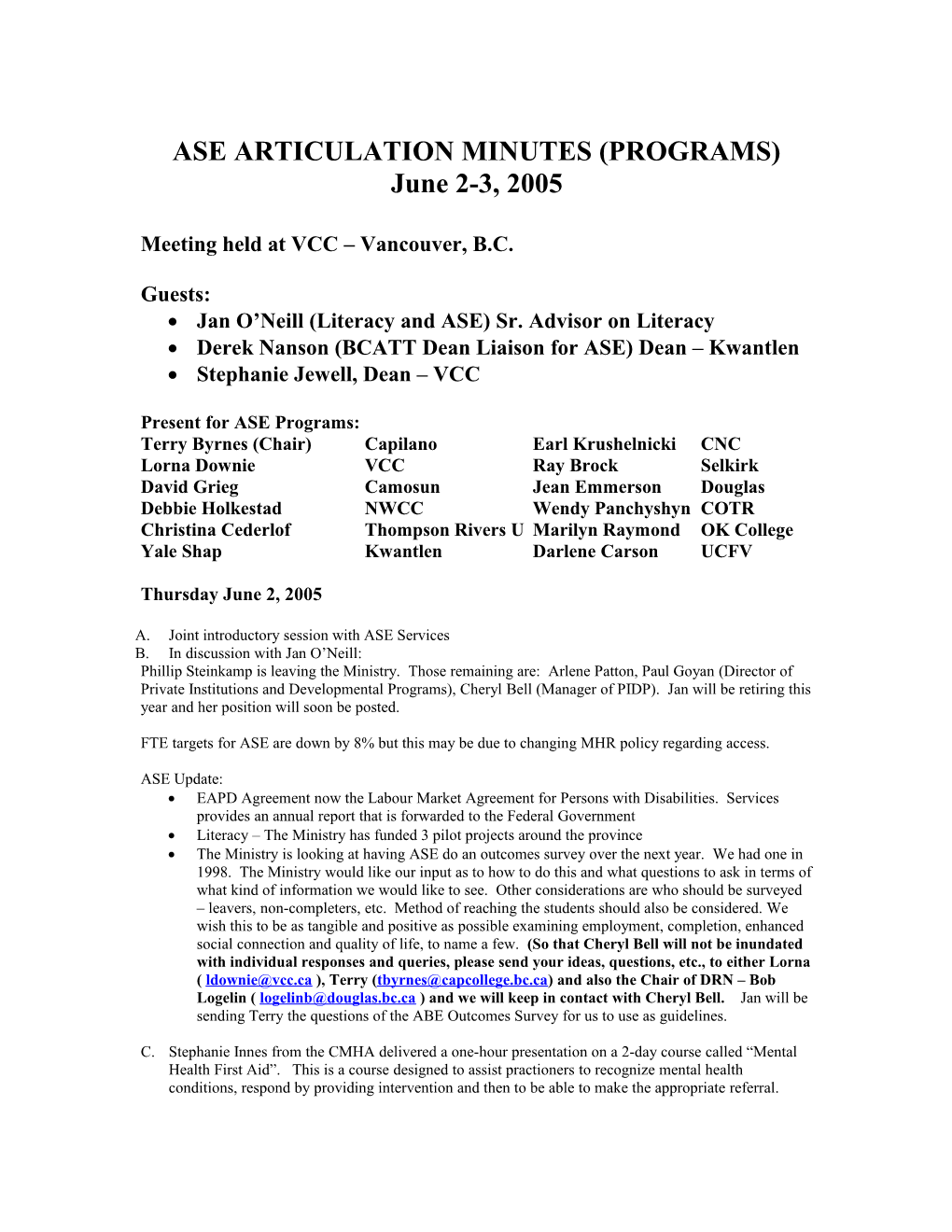 Ase Articulation Minutes (Programs)