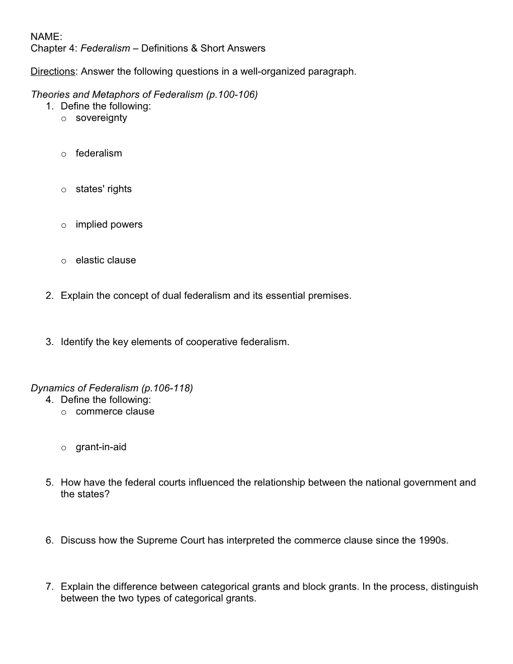 Chapter 4: Federalism Definitions & Short Answers