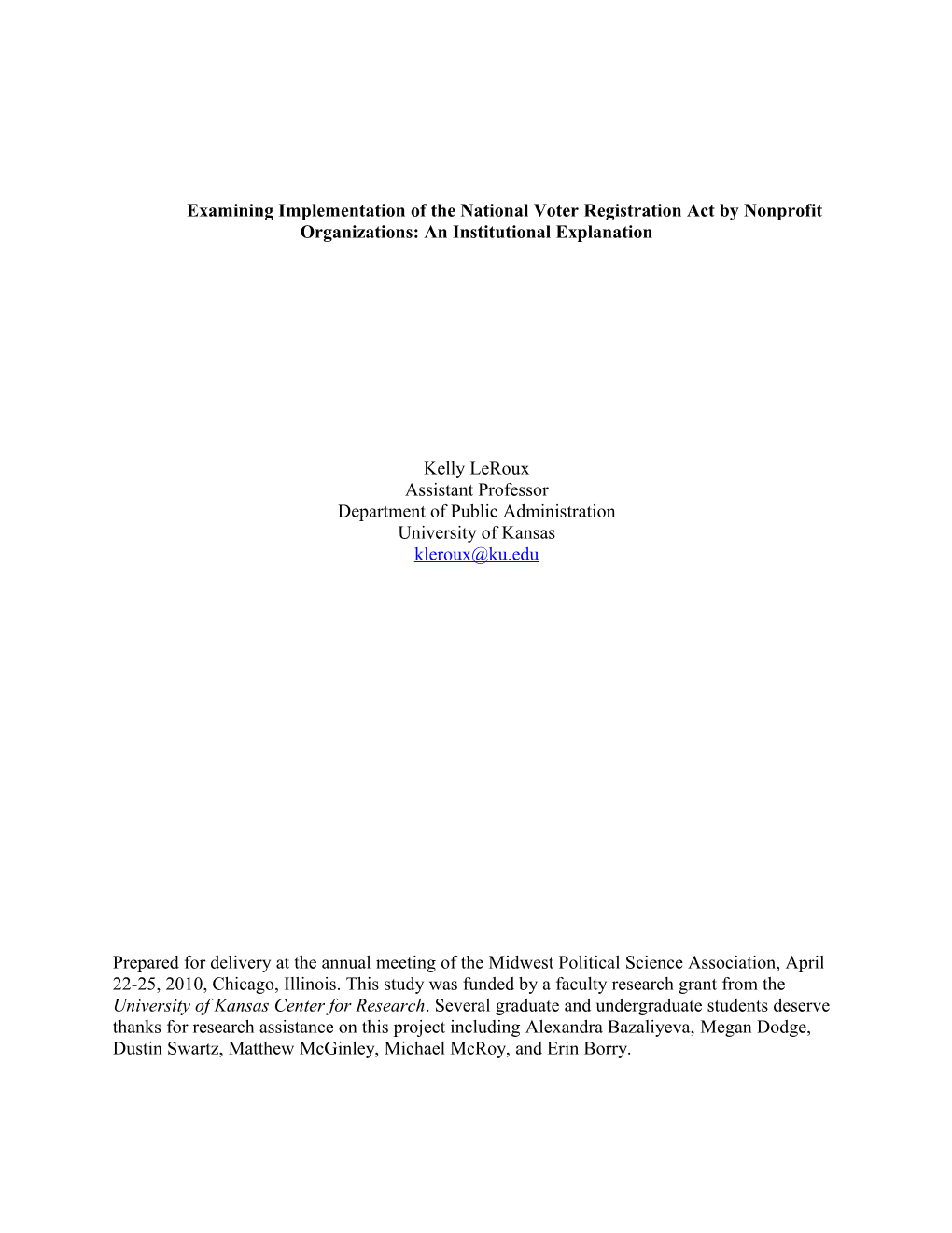 Examining Implementation of the National Voter Registration Act by Nonprofit Organizations