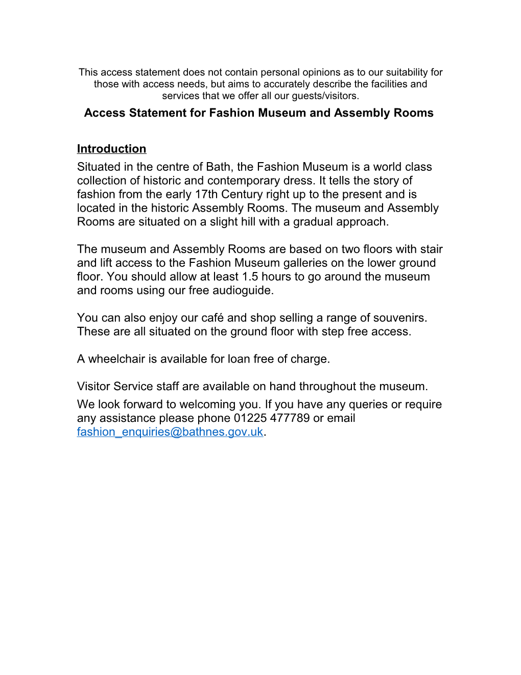 Access Statement for Fashion Museum and Assembly Rooms