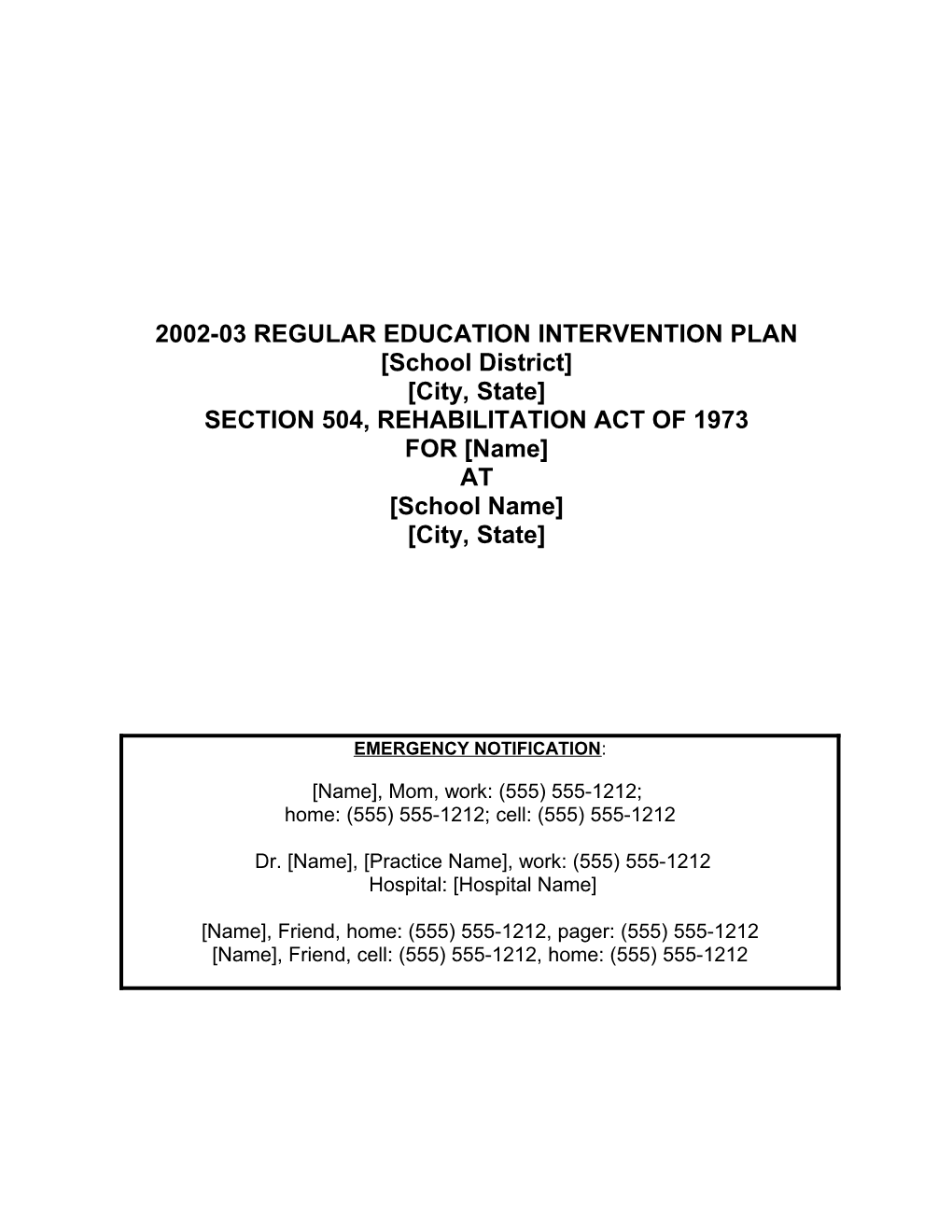 2002-03 Regular Education Intervention Plan