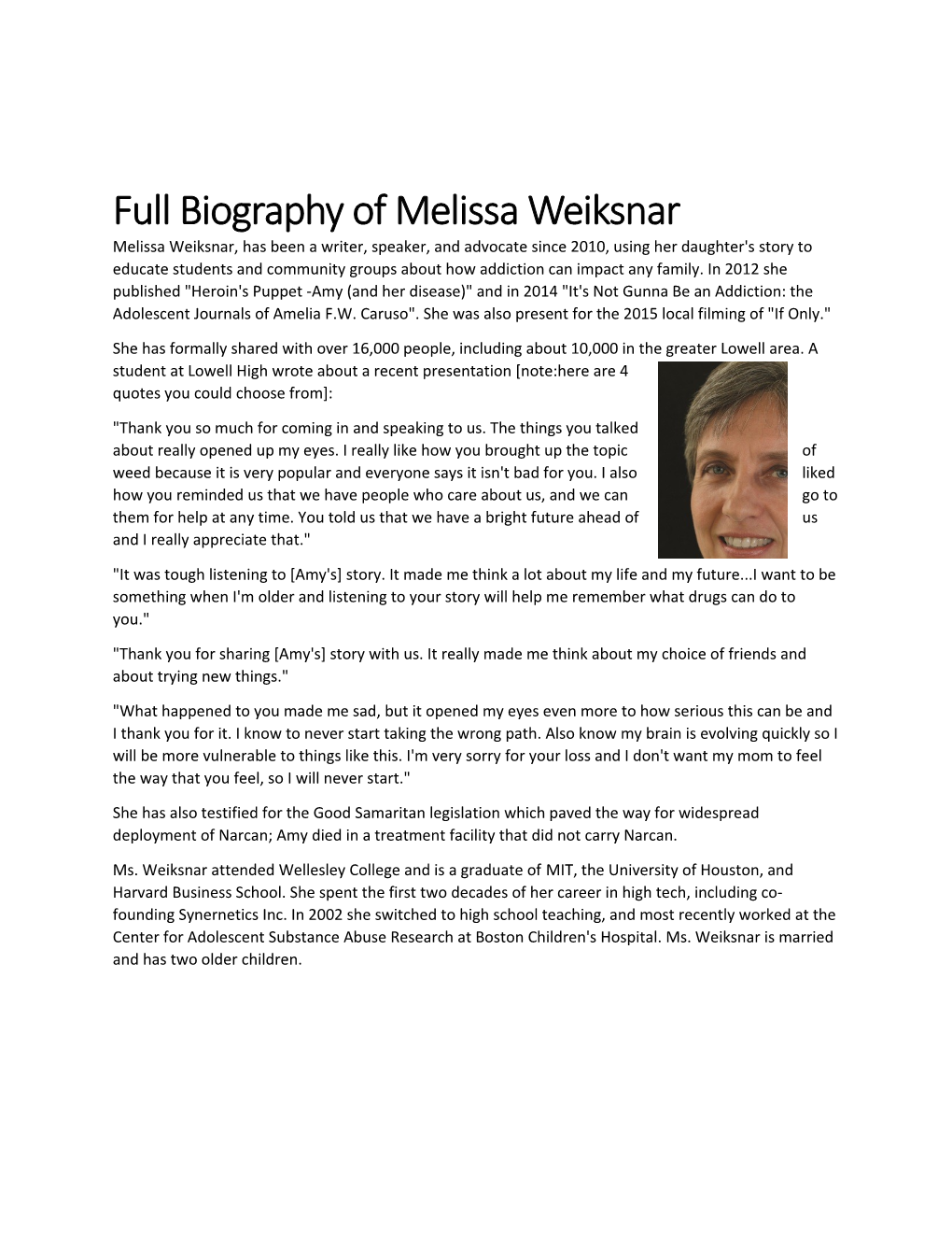 Full Biography of Melissa Weiksnar