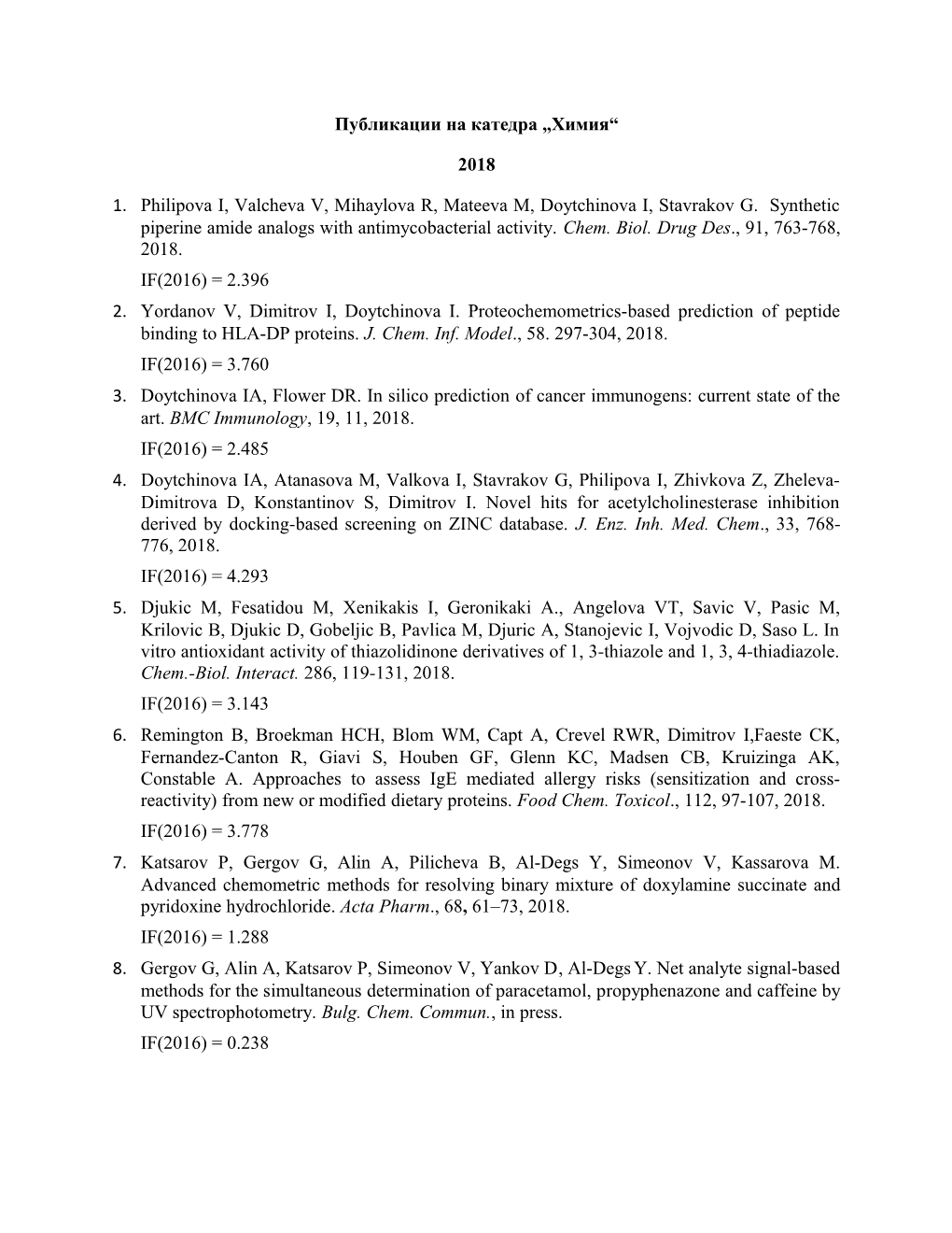 1. Philipova I, Valcheva V, Mihaylova R, Mateeva M, Doytchinova I, Stavrakov G. Synthetic