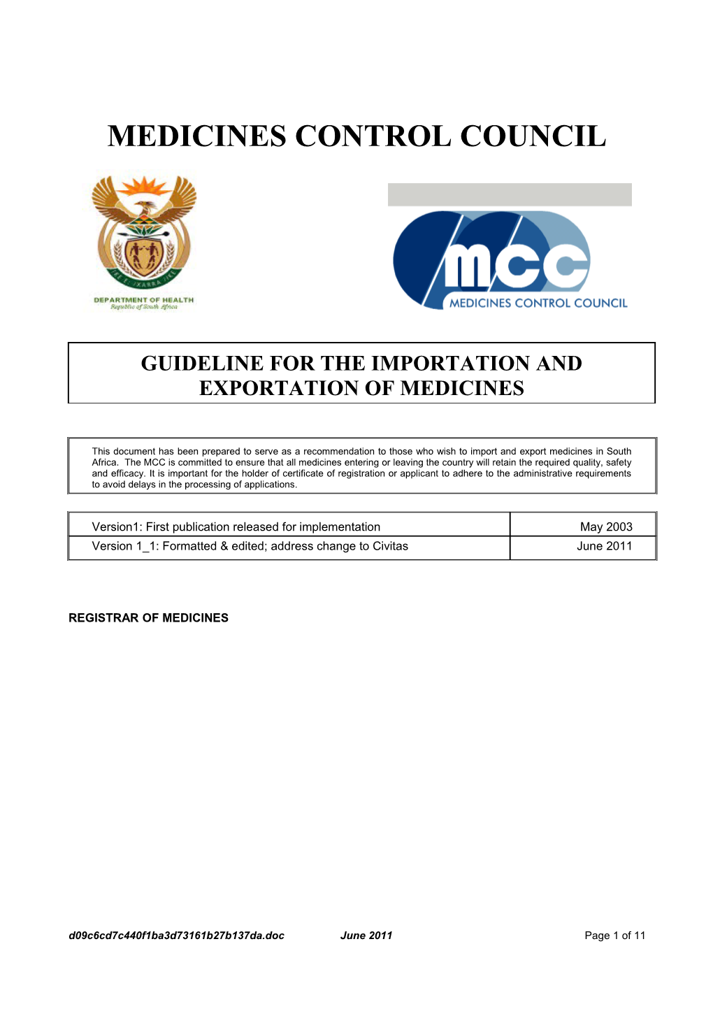 Guideline for the Importation and Exportation of Medicines