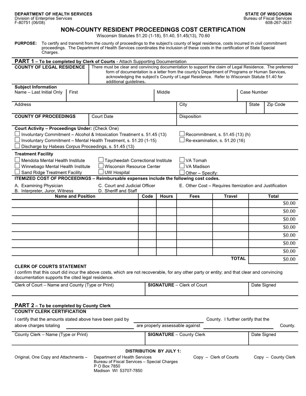 Non-County Resident Proceedings Cost Certification, F-80751