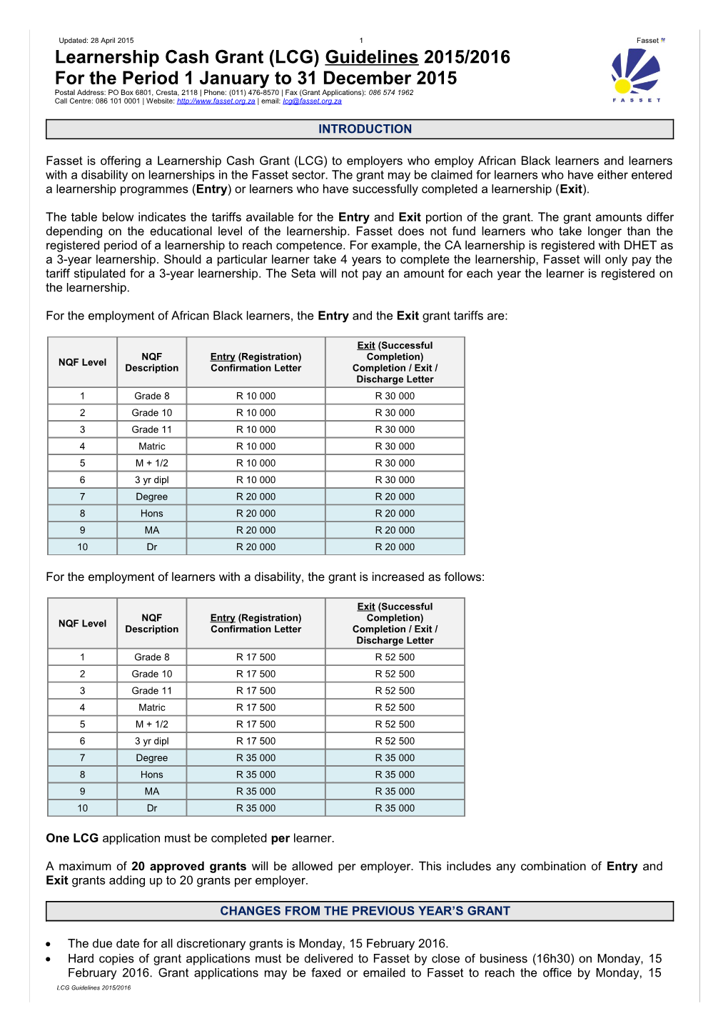 Learnership Cash Grant (LCG) Guidelines 2015/2016