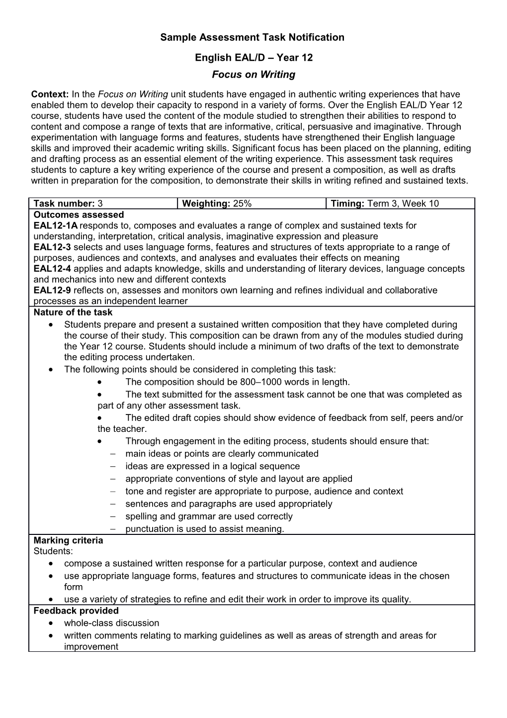 Sample Assessment Task Notification