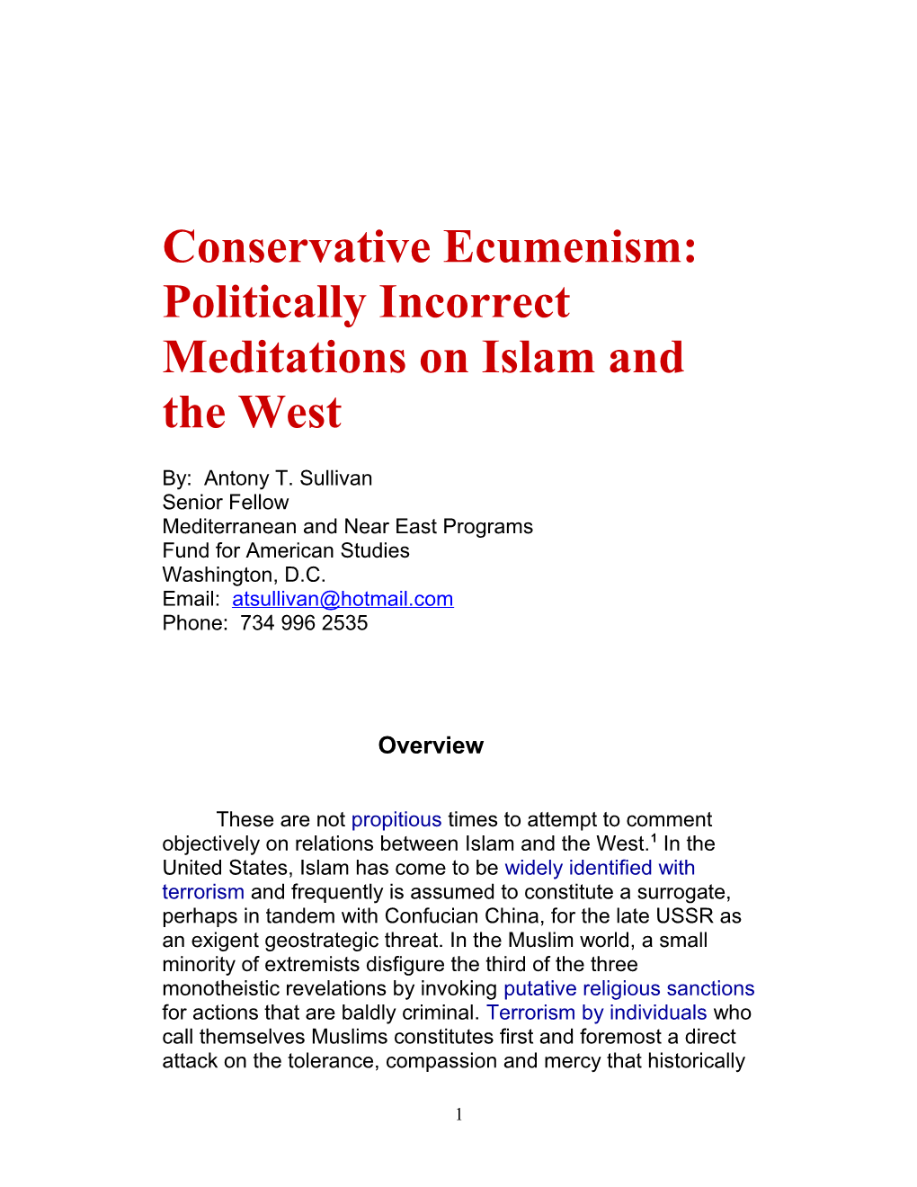 Conservative Ecumenism: Politically Incorrect Meditations on Islam and the West