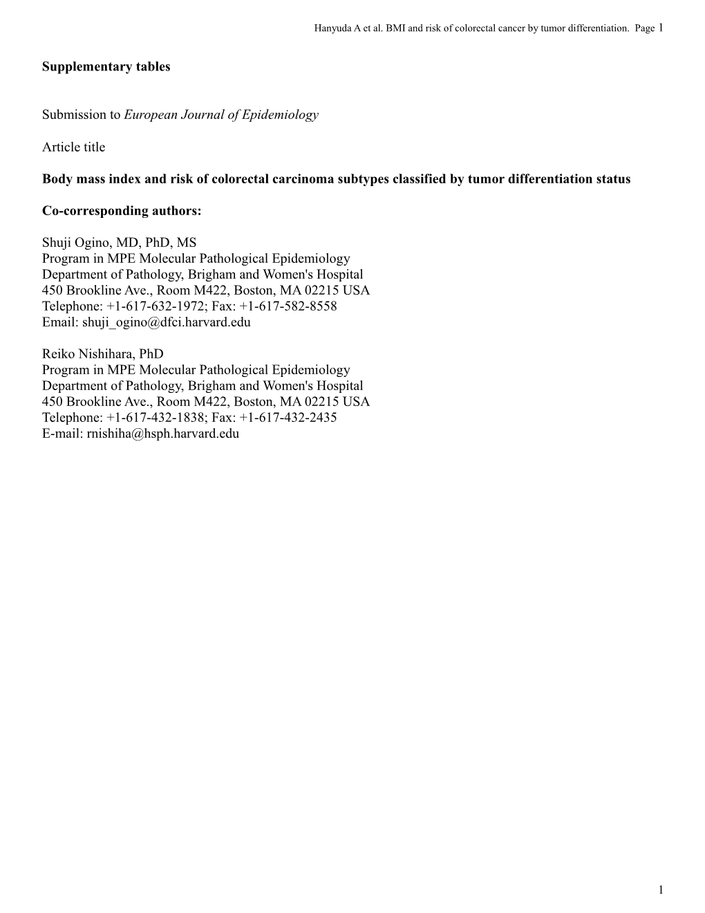 Hanyuda a Et Al. BMI and Risk of Colorectal Cancer by Tumor Differentiation. Page1