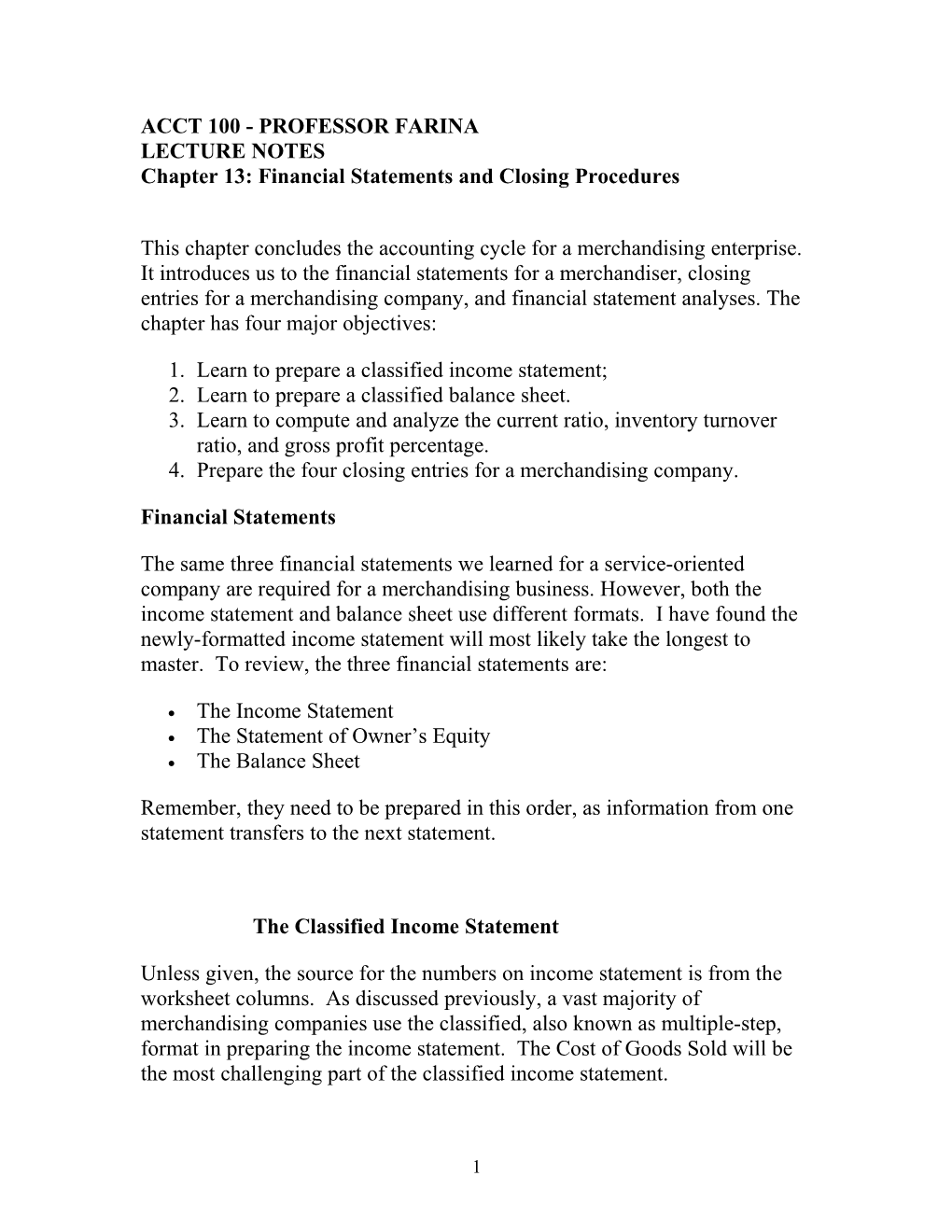 Chapter 13 Financial Statements and Closing Procedures