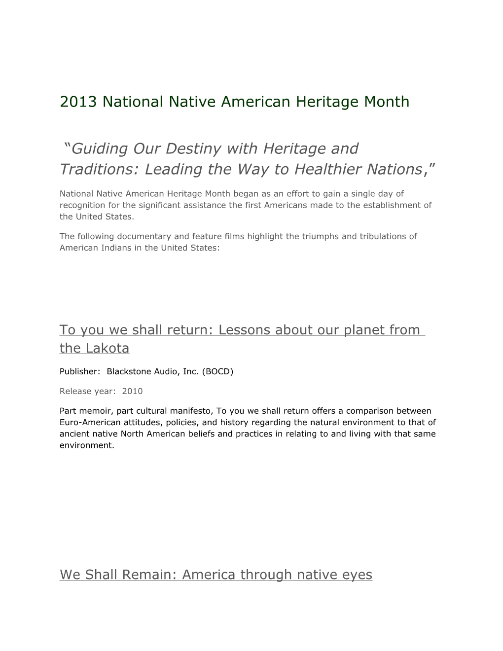 2013 National Native American Heritage Month