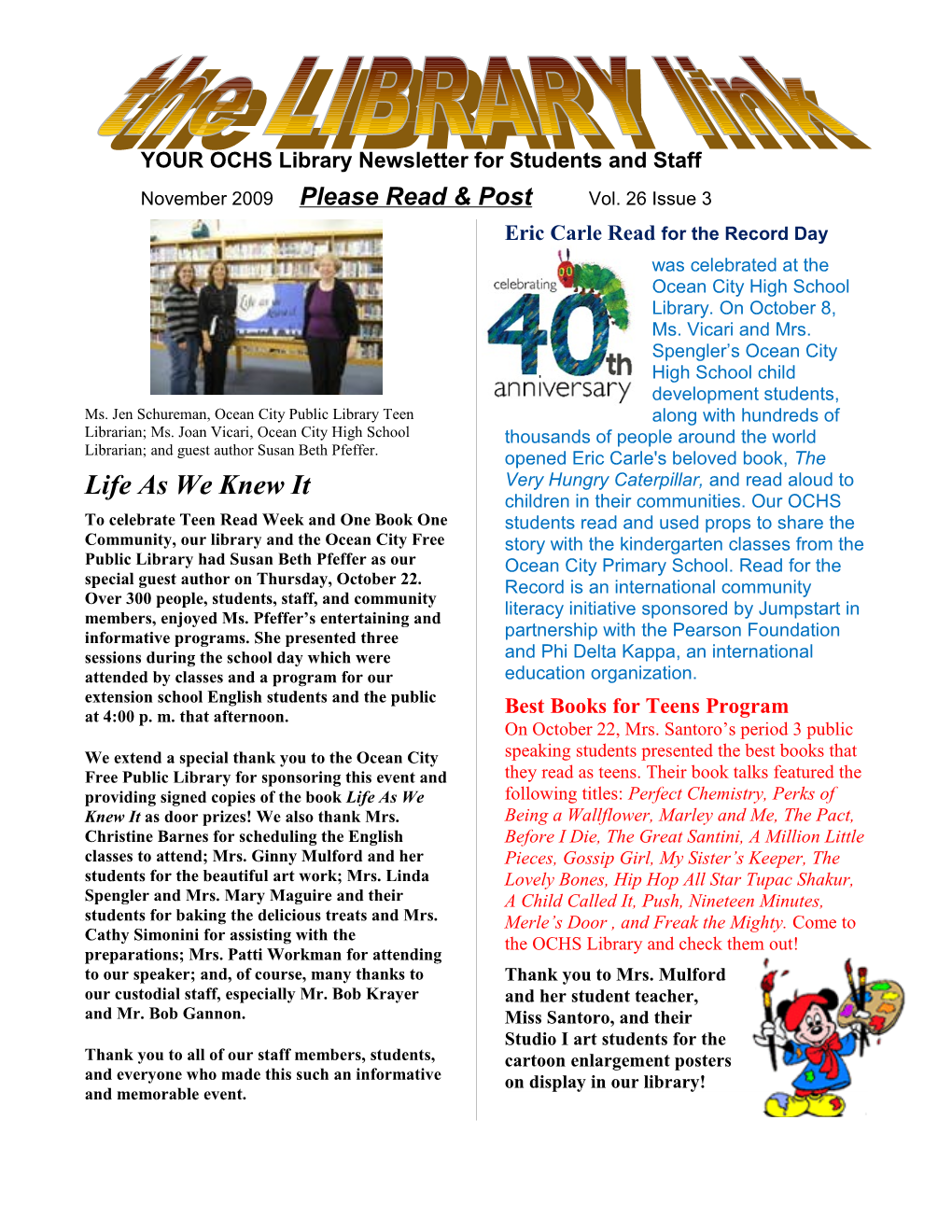 YOUR OCHS Library Newsletter for Students and Staff