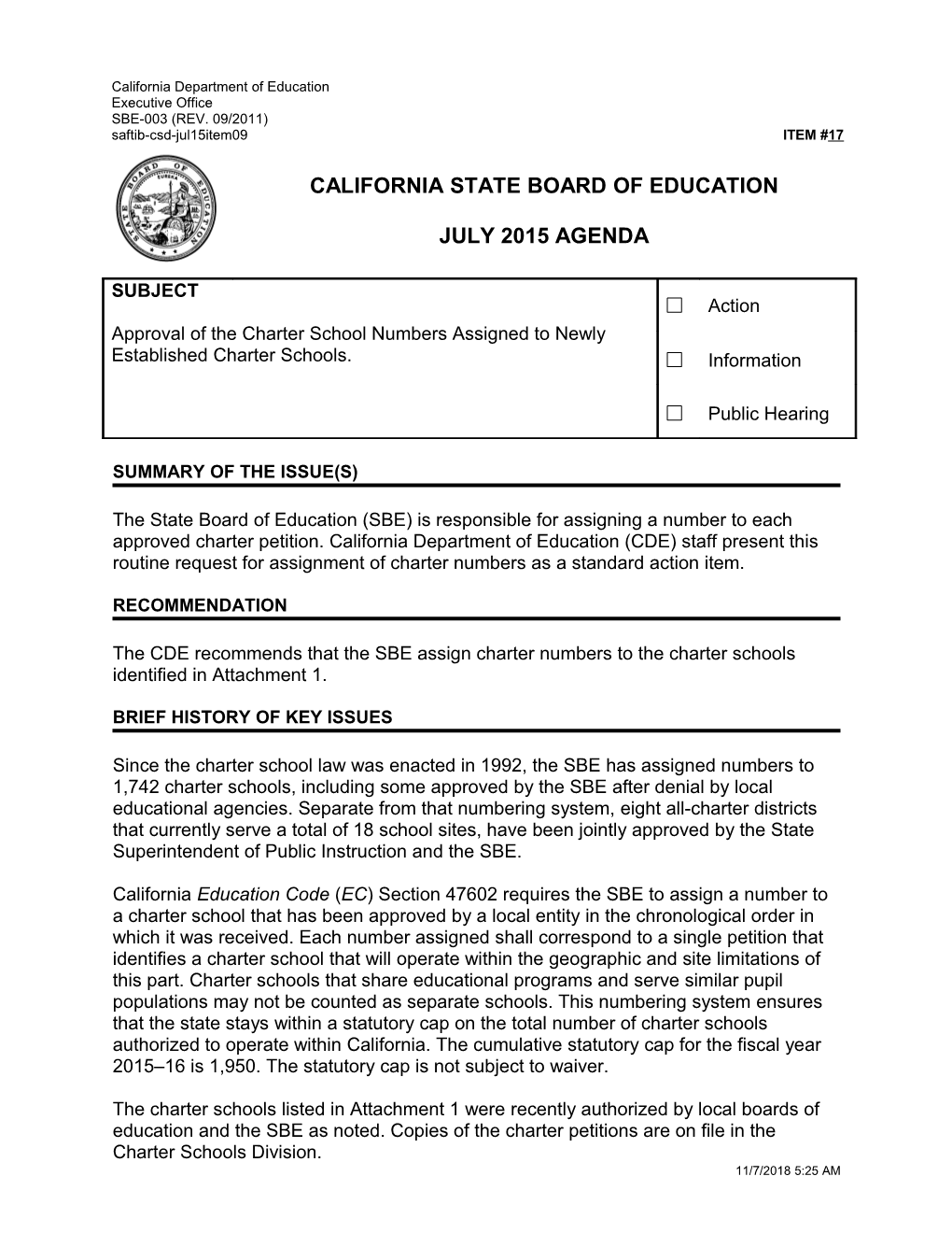 July 2015 Agenda Item 17 - Meeting Agendas (CA State Board of Education)