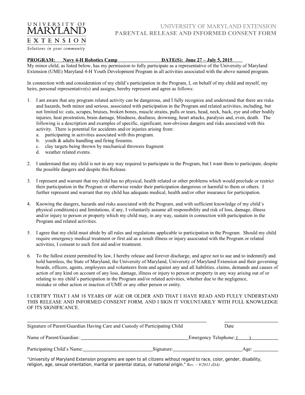Parental Release and Informed Consent Form