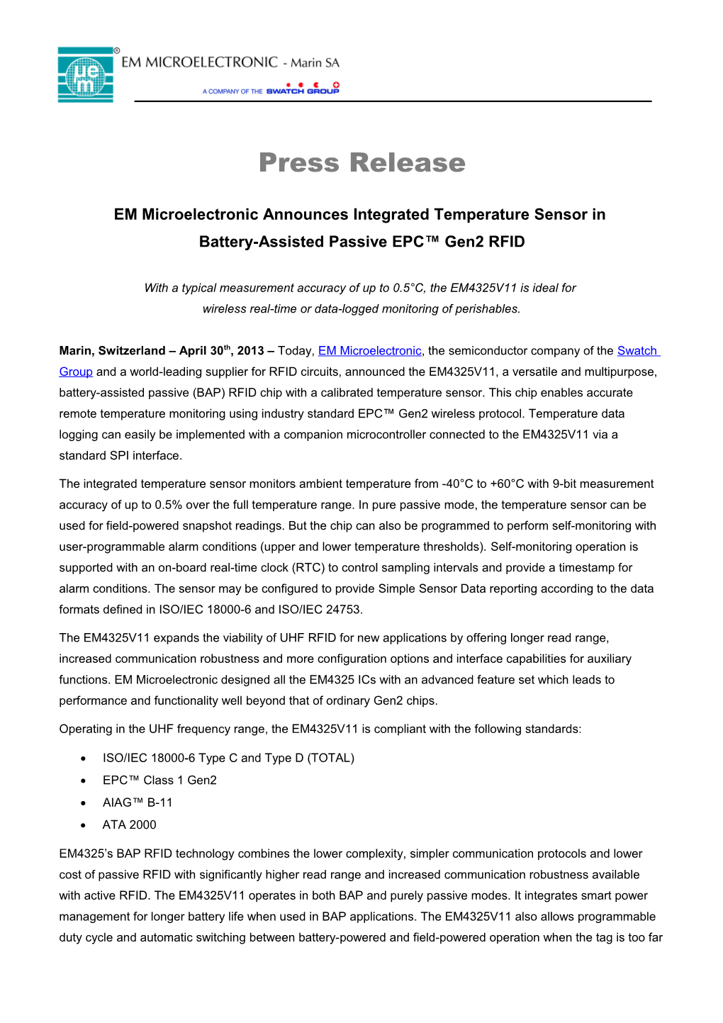 EM Microelectronic Announces Integrated Temperature Sensor In