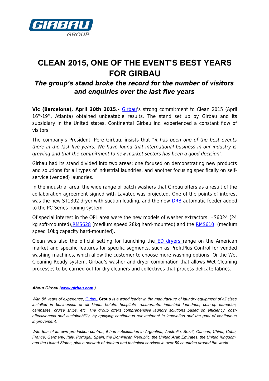 Clean 2015, One of the Best Years for Girbau