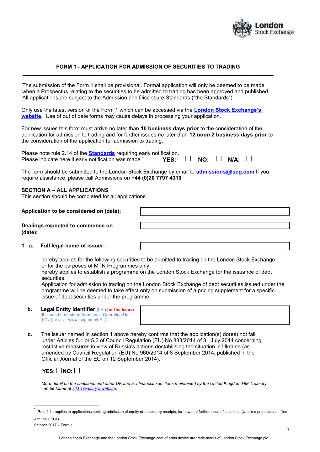 Form 1 - Application for Admission of Securities to Trading