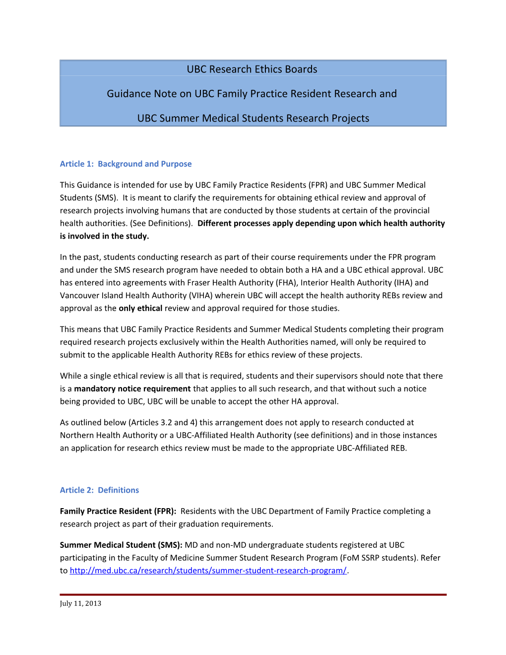 Guidance Note on UBC Family Practice Resident Research And